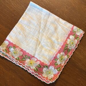 Vintage Pink and White Floral Handkerchief Linens